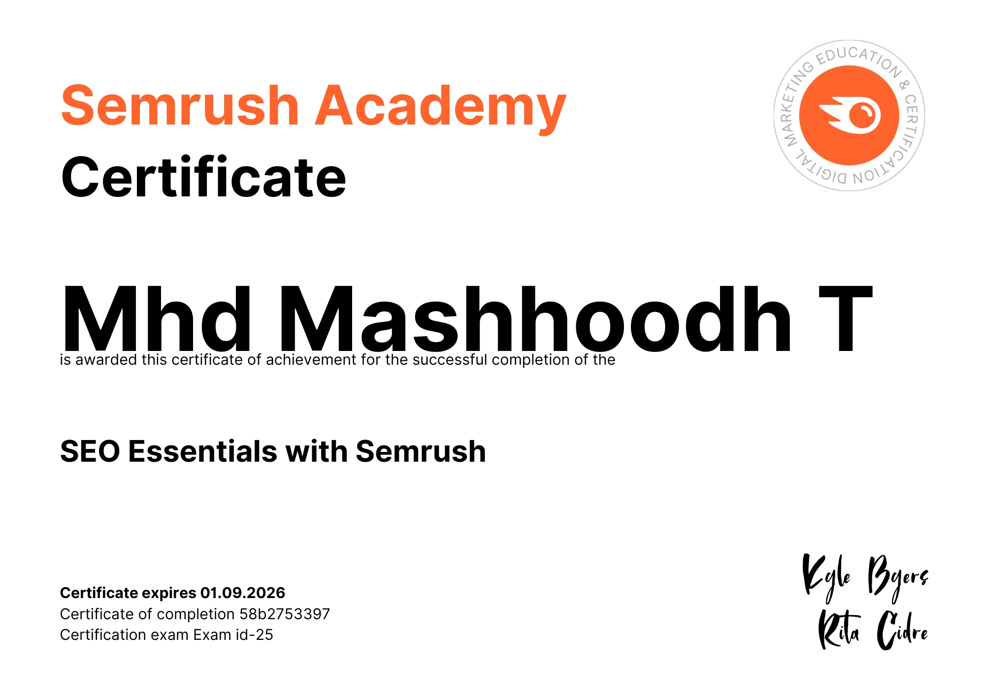 Verified certificate showcasing Digital Marketer proficiency