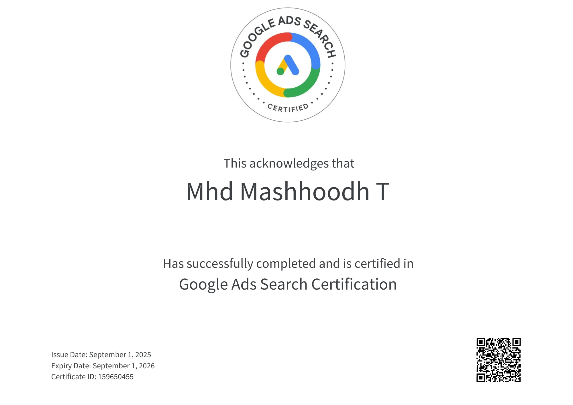 Digital marketing recognition certificate for SEO Consultant